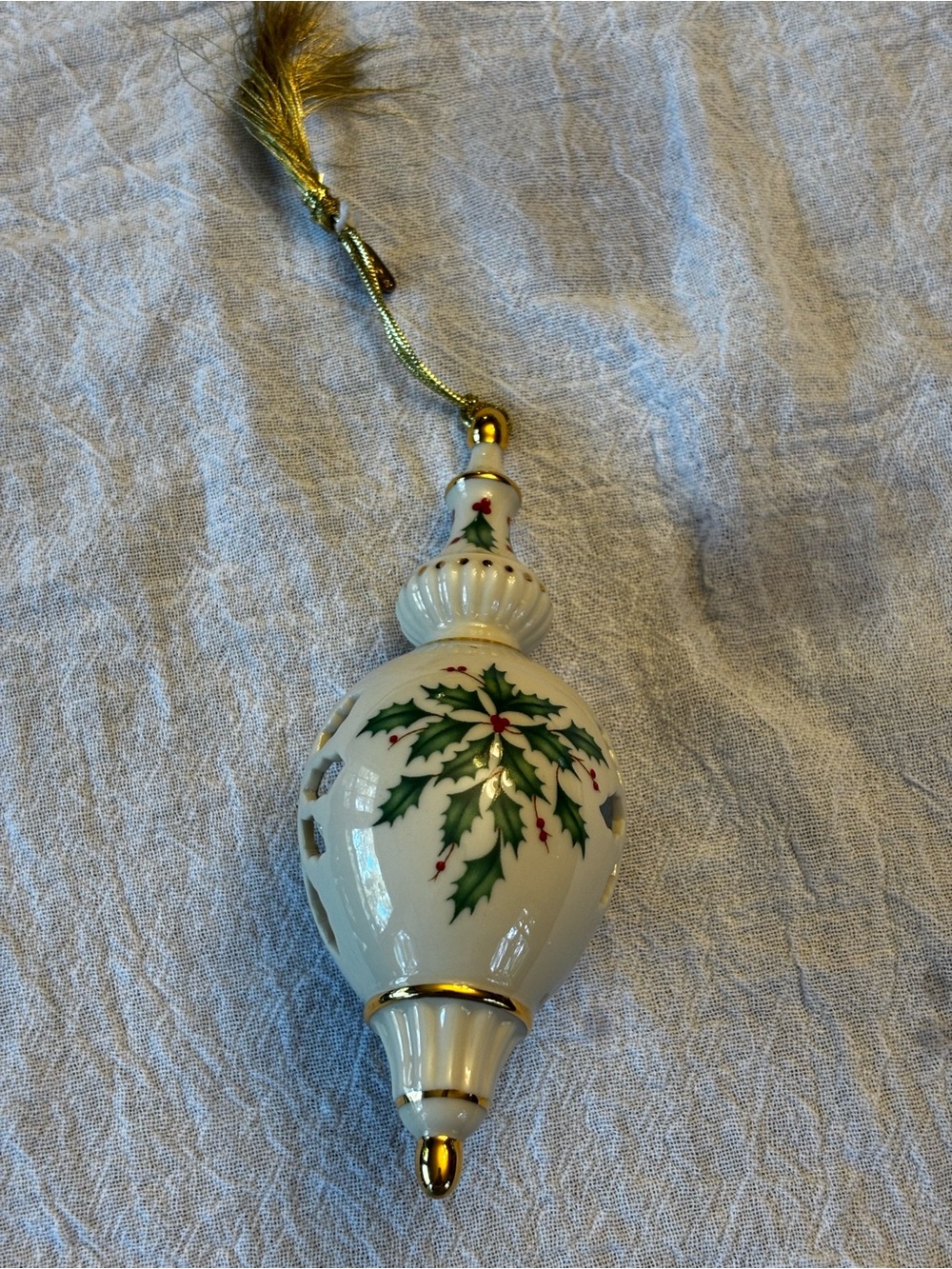 Lenox White Porcelain Holly Ornament with Gold Accents